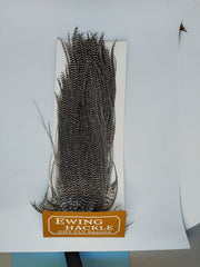 Ewing Hackle dry fly saddle in package, dense dark grizzly hackle fibers