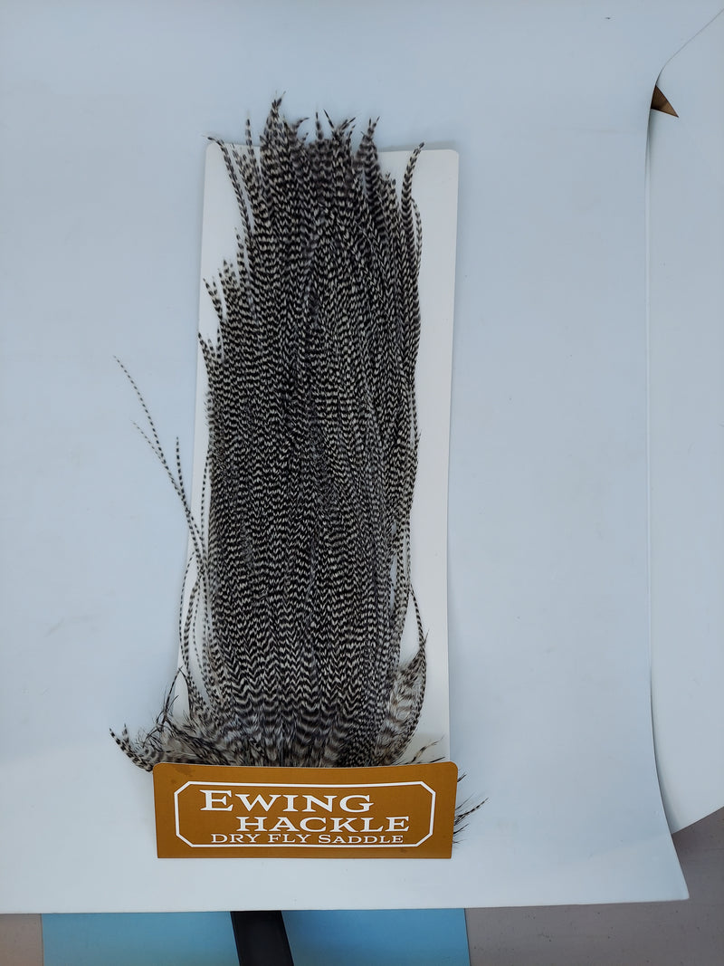 Ewing Hackle dry fly saddle on display card, dark grizzly fibers