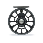 Black fishing reel with circular spoked wheel and engraved center cap