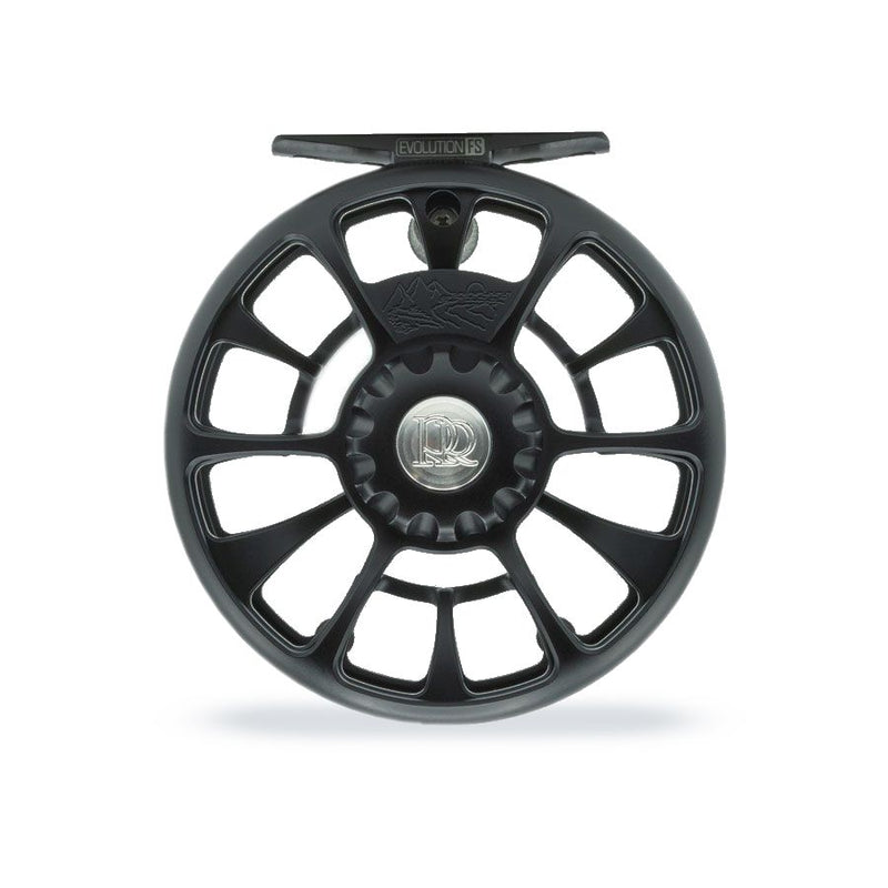 Black fishing reel with circular spoked wheel and engraved center cap