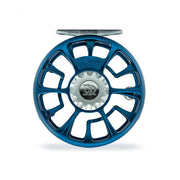Blue fishing reel with spoked wheel and embossed center logo