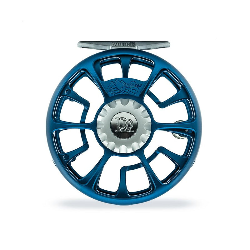 Blue fishing reel with spoked wheel and embossed center logo