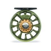 Olive green fishing reel with spoked wheel, gold center ring, embossed logo