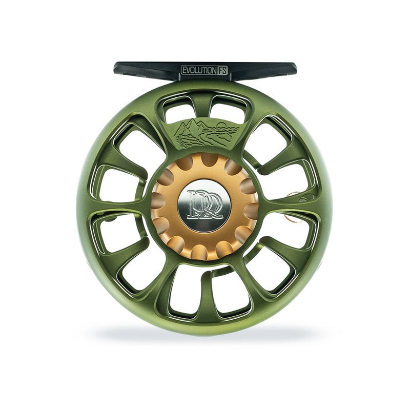Olive green fishing reel with spoked wheel, gold center ring, embossed logo