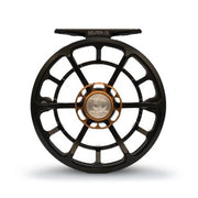 Fishing reel, black wheel with bronze center cap and gold trim