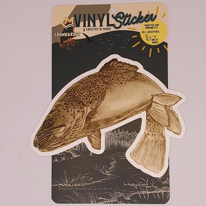 Vinyl trout sticker, brown and gold fish with white outline