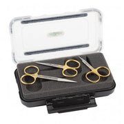 Fly tying tool set in case with gold accent tools