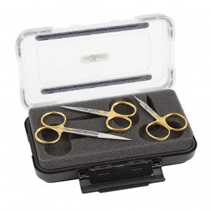 Fly tying tool set in case with gold accent tools