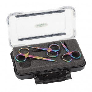 fly box gift set with 3 pair of tying scissors in rainbow prism color