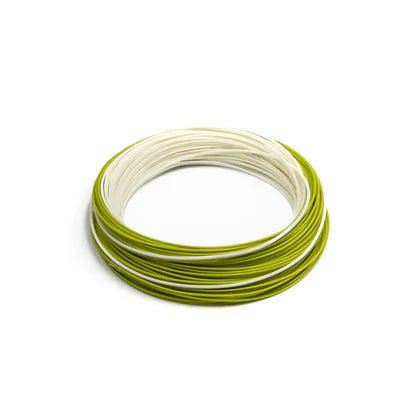 Coiled fly line in ivory and olive green, ready to spool