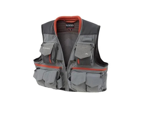 Simms men's guide fishing vest in steel gray with orange trim and multiple front pockets