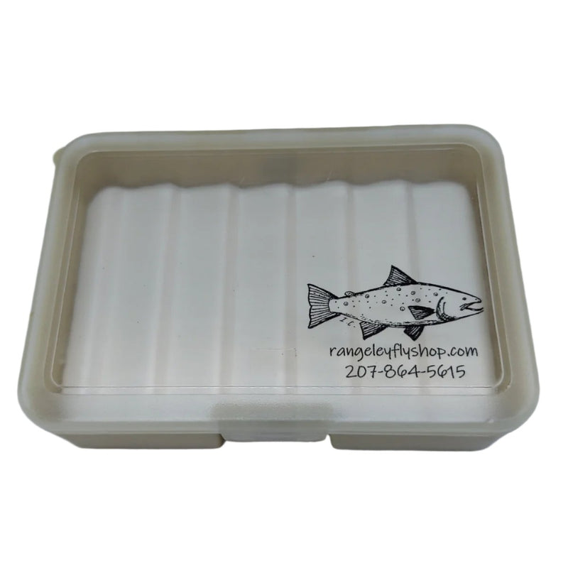 Small tan fly box with fish logo, hinged lid open