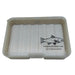 A small fly box with tan bottom with ripple foam and clear lid with rangeleyflyshop.com logo