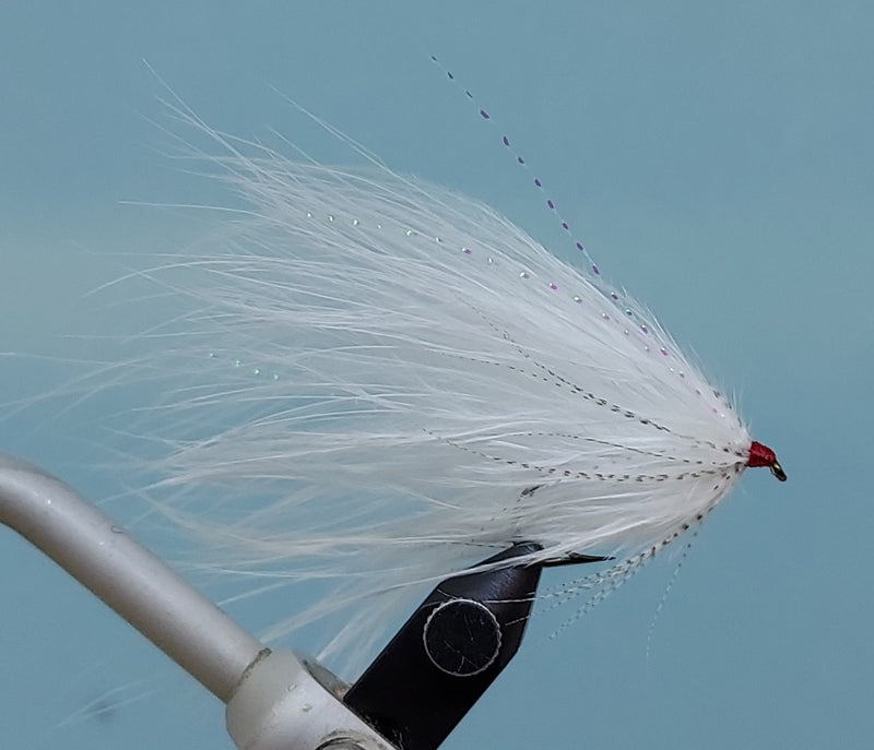 White feather fly streamer with red eye, tied on a hook