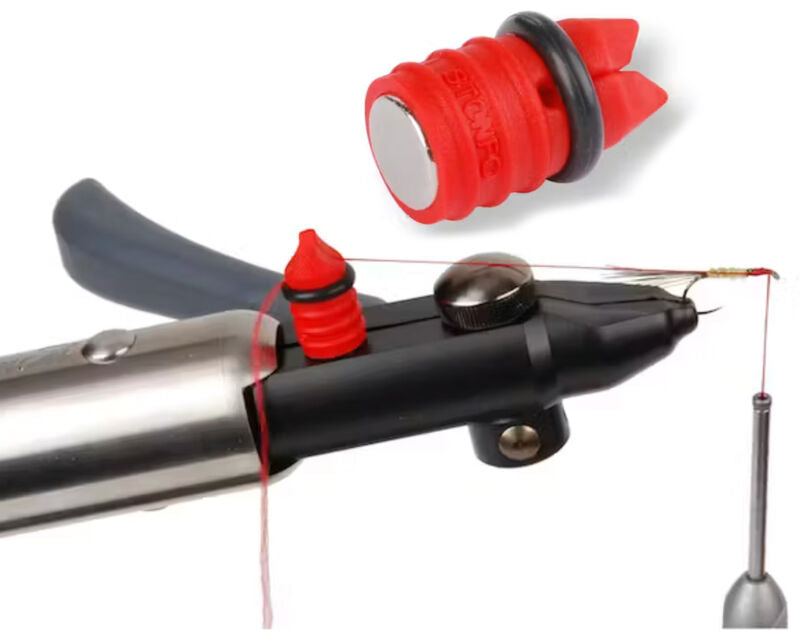 Magnetic material clip with red magnetic head and black body for fishing line