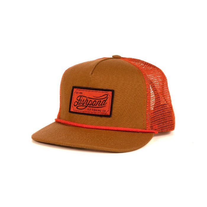Heritage trucker hat with tan front panel, orange mesh back, embroidered Fishpond patch