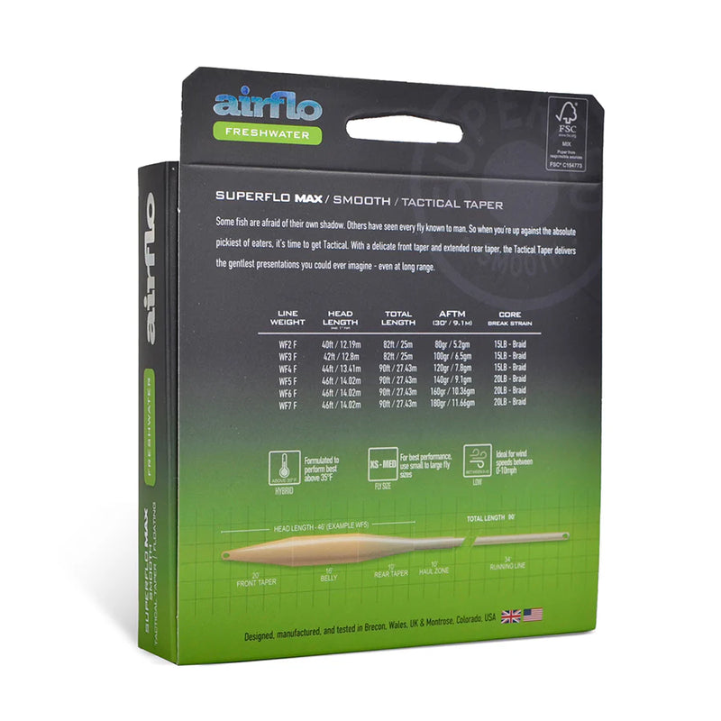 Superflo MAX smooth tactical taper floating line box back, measurements and specs