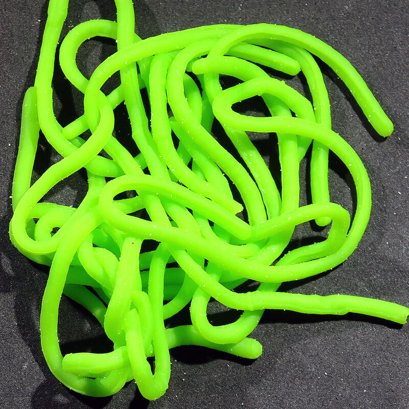 Single plastic worm toy, neon green, tangled in a pile.