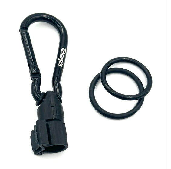 Black carabiner with a clip on a white background