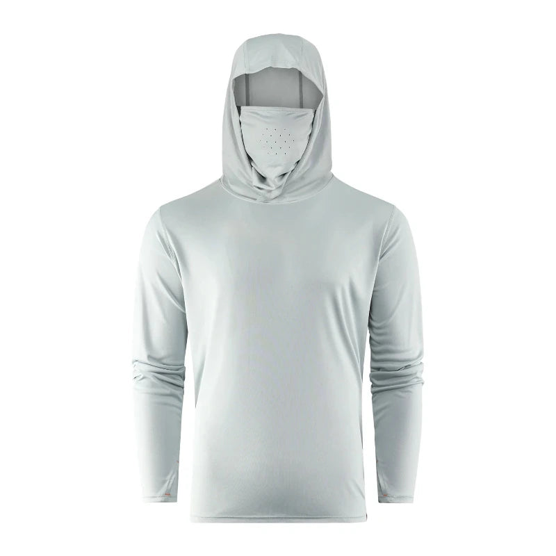 Light gray hooded sun mask hoodie with front face panel and long sleeves