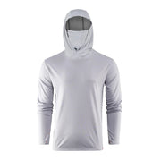 Light gray hooded sun mask hoodie, smooth front with face opening and sleeves