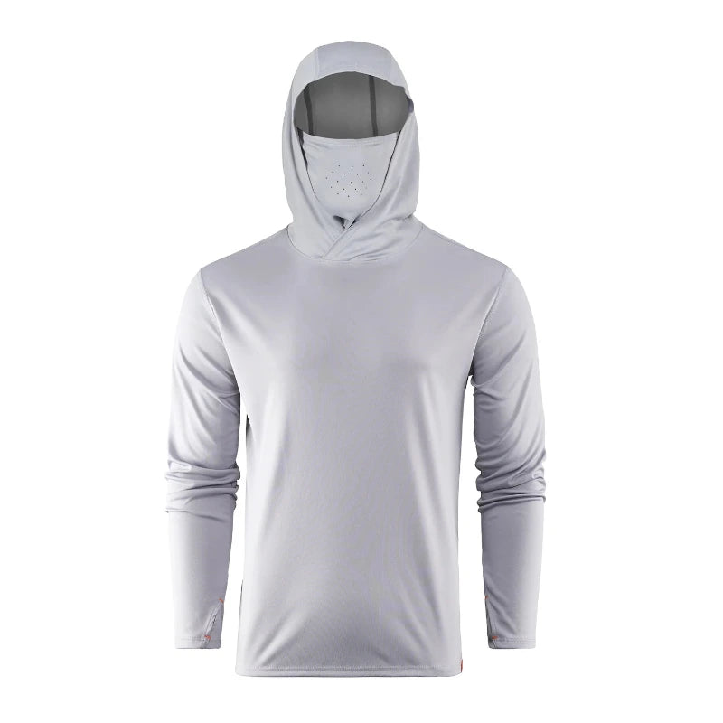 Light gray hooded sun mask hoodie, smooth front with face opening and sleeves