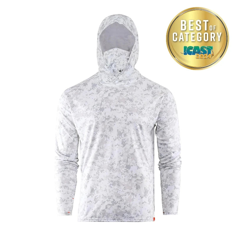 White and gray camo hooded sun mask hoodie with full hood and face opening