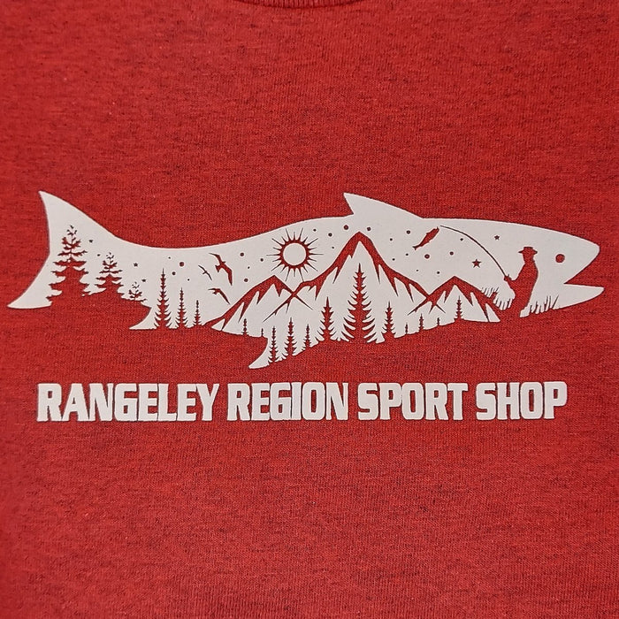 landscape and fly fisher design in trout shape with Rangeley Region Sport Shop name