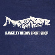 Navy long sleeve shirt close-up: scenic mountain and pine graphic with RANGELEY REGION SPORT SHOP