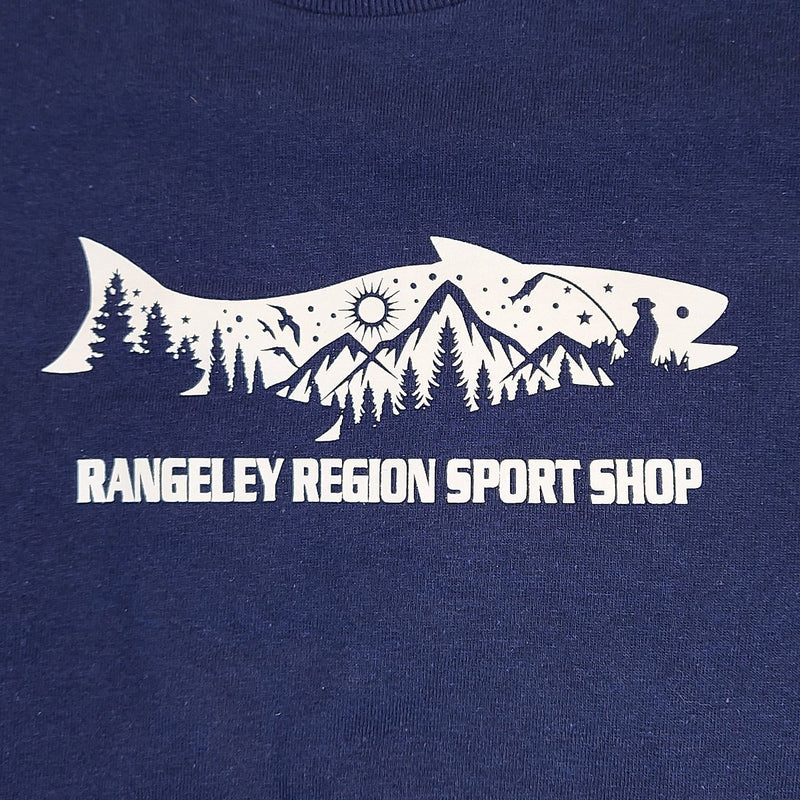 Navy long sleeve shirt close-up: scenic mountain and pine graphic with RANGELEY REGION SPORT SHOP