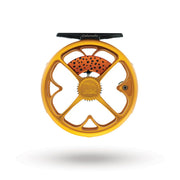 Orange fishing reel with Colorado badge, five-spoke spool and perforated center window