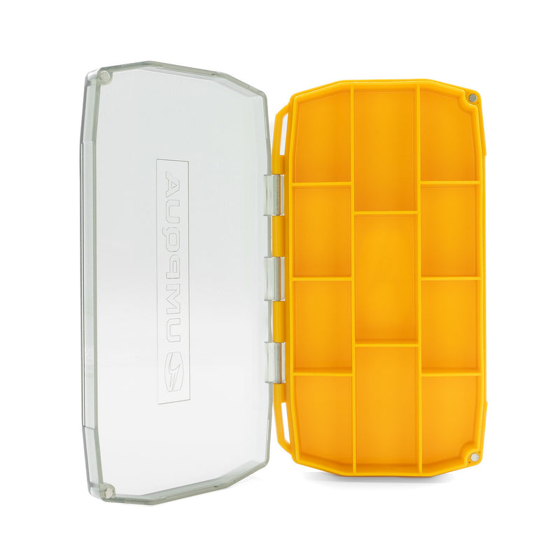 Umpqua compartment box with clear lid open, showing yellow plastic compartments