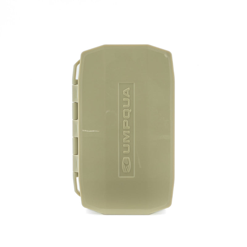 Mini fly box, closed in olive case with Umpqua logo and side latch details