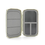 Mini fly box case, open with gray foam insert and two side compartments, hinge visible