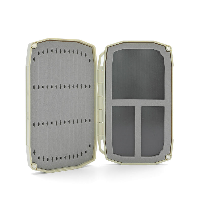Mini fly box case, open with gray foam insert and two side compartments, hinge visible