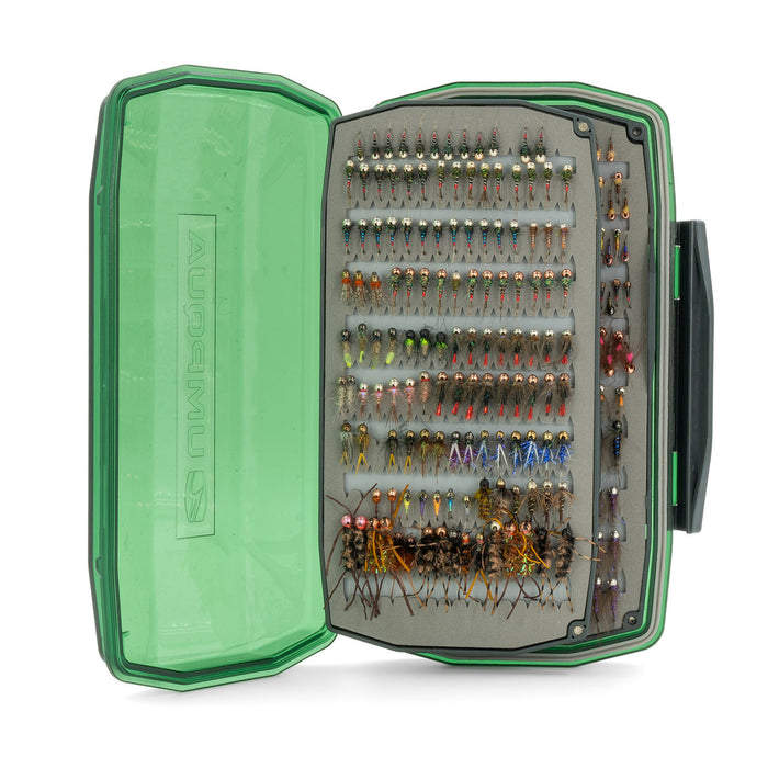 The Umpqua Ultimate Nymph Foam fly Box opened to show fly pages full of nymphs