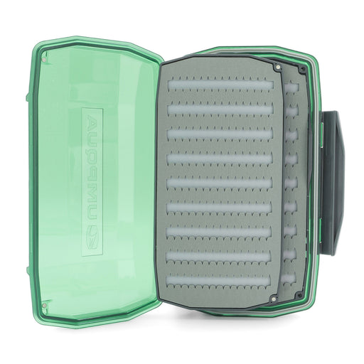 The Umpqua Ultimate Nymph Foam fly Box opened to show fly pages and its green translucent lid