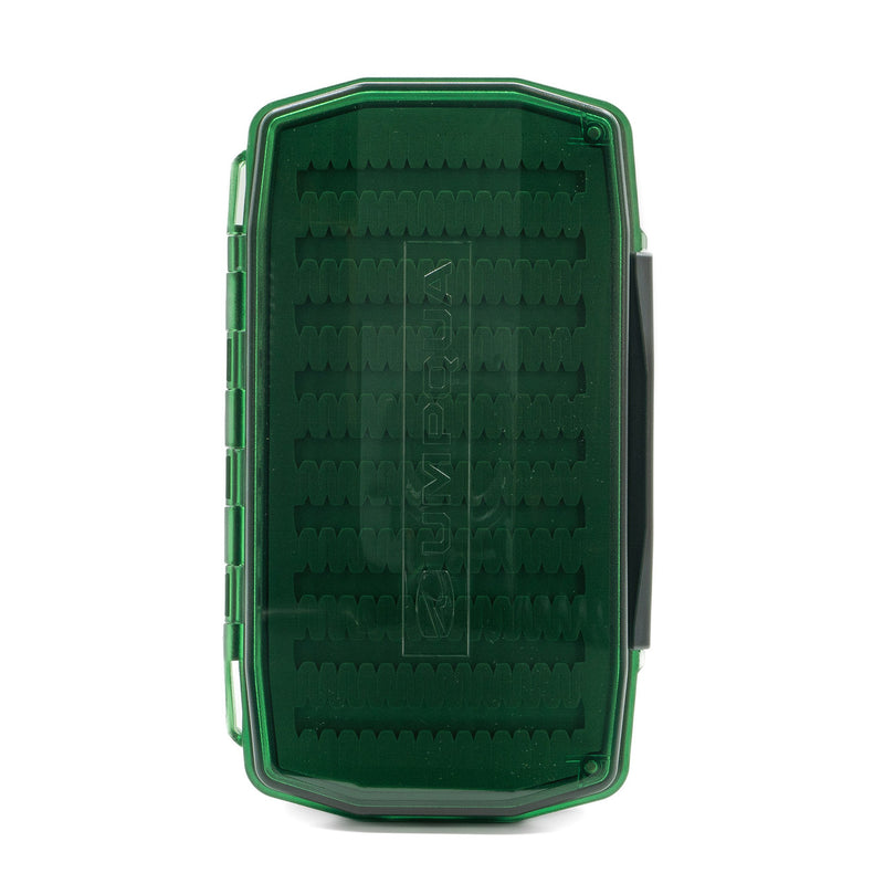 Closed nymph foam storage case in dark green with embossed logo