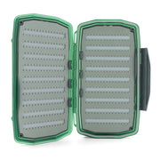 Nymph foam storage case open, showing two gray/green foam panels with hook slots