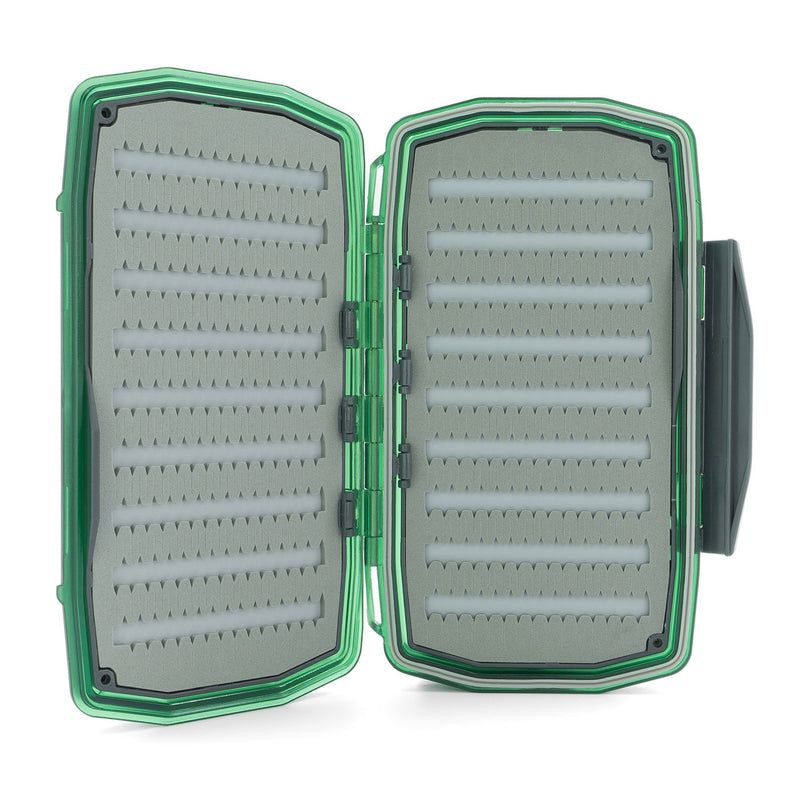Nymph foam storage case open, showing two gray/green foam panels with hook slots