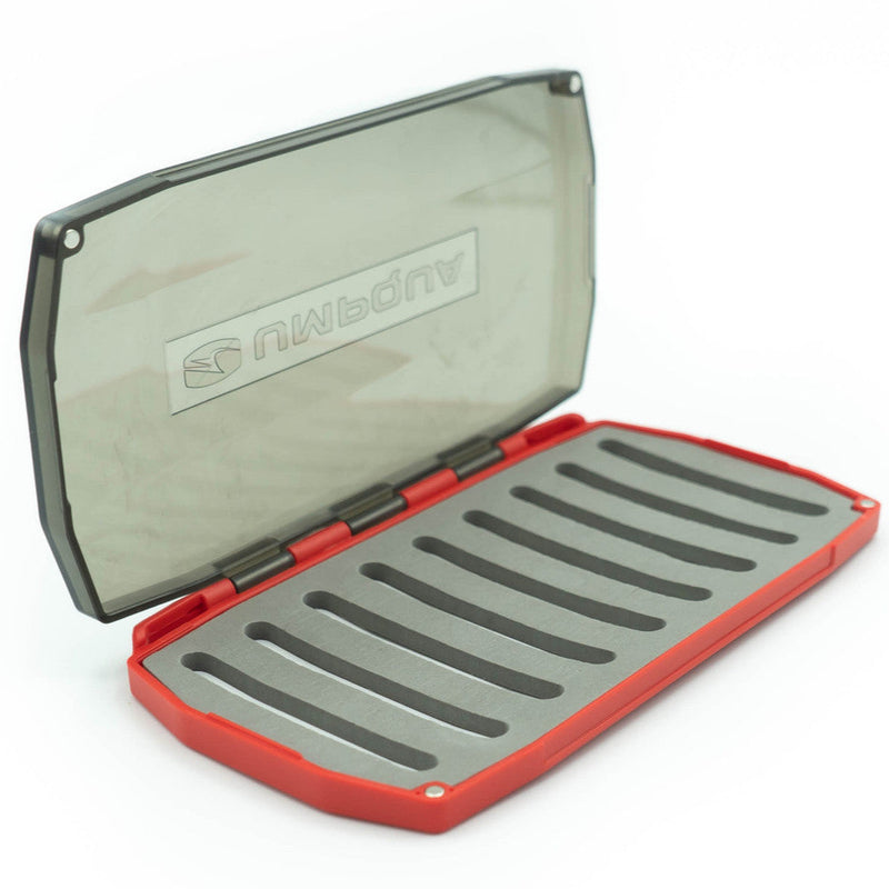 Foam storage box with red frame, open lid, gray foam insert with parallel slots