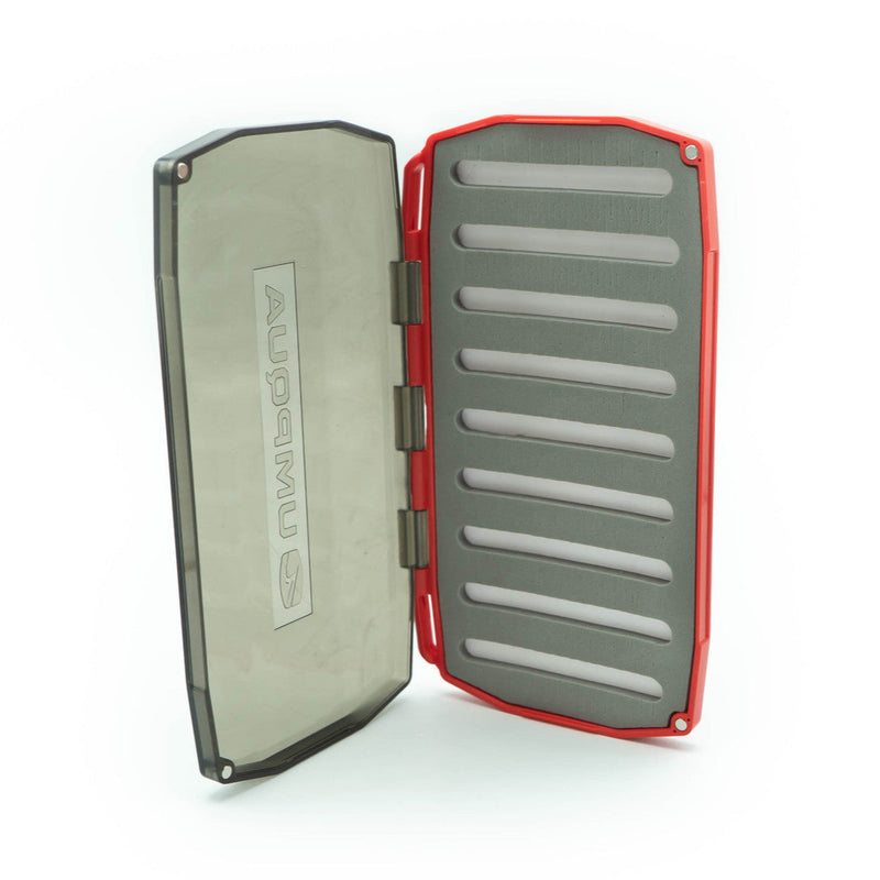 Umpqua LT standard foam box with gray lid and red exterior, opened with foam slots