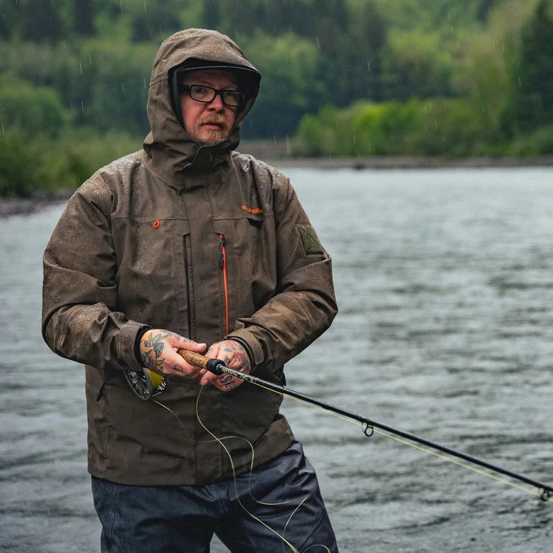 Men's wading jacket with hood and front zipper, olive-brown, worn by model