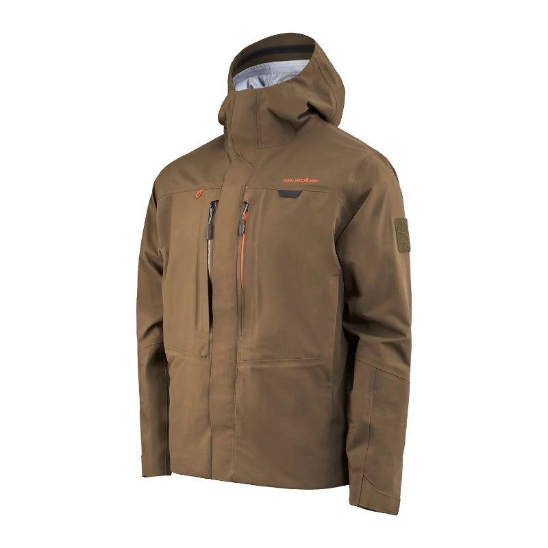 Men's wading jacket with hood, front zipper, chest pockets, olive-brown, logo