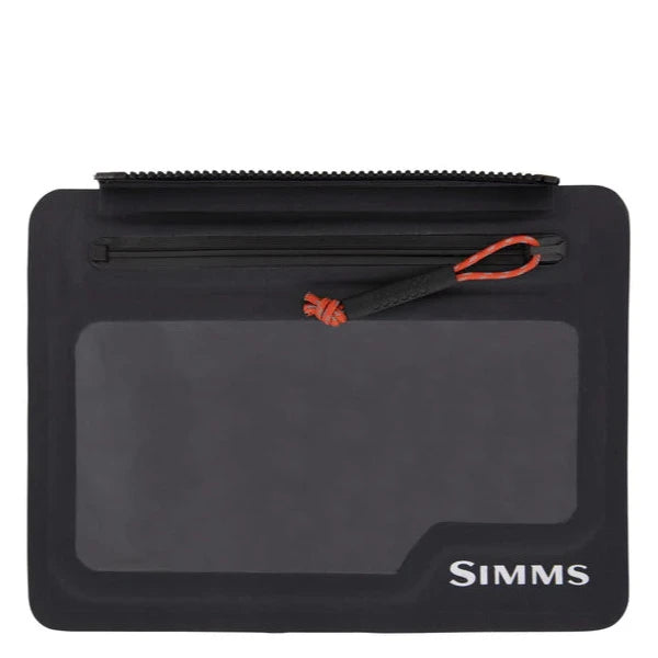 Simms waterproof wader pouch with clear window, black, zip top and orange cord pull