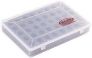 Spool box with clear lid and dark round inserts on a grey base