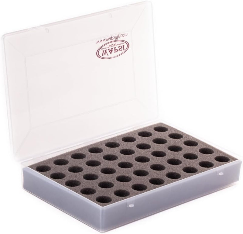 Open spool box with clear lid and dark circular holes in a grey tray