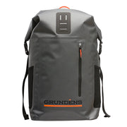 Roll-top backpack in charcoal gray with black trim, front zipper pocket, adjustable straps.