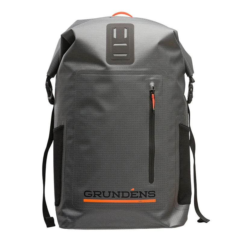 Roll-top backpack in charcoal gray with black trim, front zipper pocket, adjustable straps.