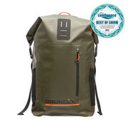 Roll-top backpack in dark olive with black trim, front zipper pocket, side straps.